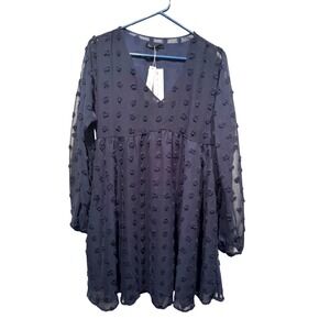 SUPRELÖÖK Navy‎ Blue Textured Chiffon V Neck Babydoll Mini Dress Size S